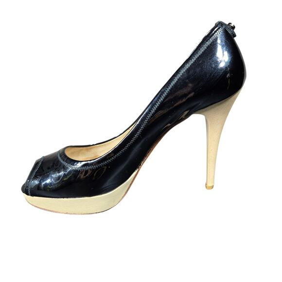 Stuart Weitzman Heels Women 9.5 Peep Toe Black Patent Leather Pumps Dress Formal - Picture 4 of 12